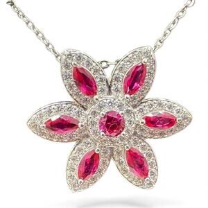 Created Ruby Cubic Zirconia Flower Pendant Necklace Sterling Silver 18in chain